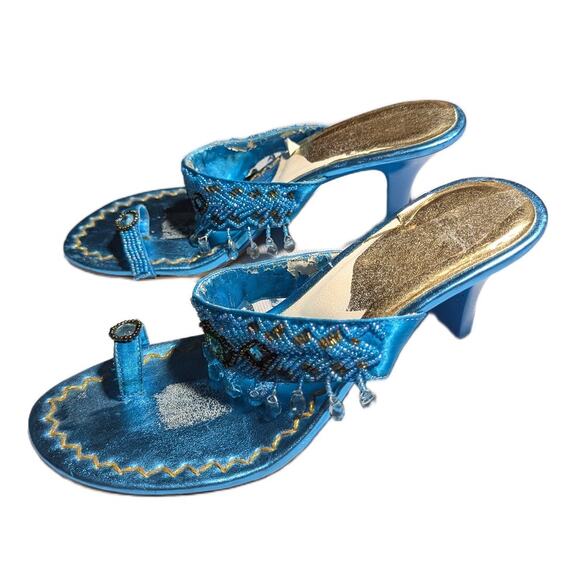Vtg Y2K Blue Metallic Faux Leather Boho Beaded Toe Loop Kitten Heel Sands Sz 6 - Picture 7 of 7
